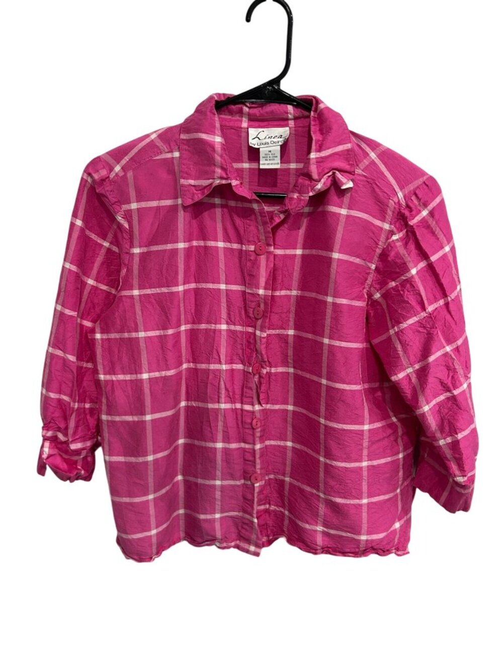 Linea Large Pink White Plaid Silk Button-Up Shirt 3/4 Sleeves Preppy Old Money